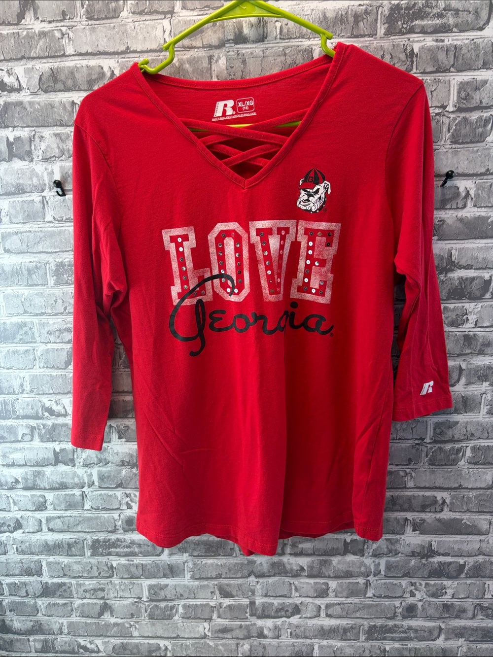 Georgia Bulldogs Russell Athletic Red Women's V-Neck Crisscrossing 'Love Georgia